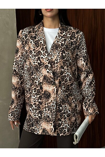 Lovely butik Oversize Leopard Printed Blazer Jacket with Two Buttons, Tok Fabric