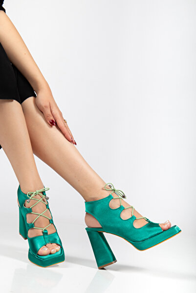 LİLLA Women's Square Toe Platform Thick Heeled Green Satin Lace-Up Evening Dress Shoes