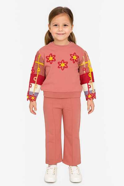 GenelTedarik Κοριτσίστικο Ροζ Με φλοράλ μοτίβο Πλεκτό Σετ Δύο Τεμαχίων με Μαν...