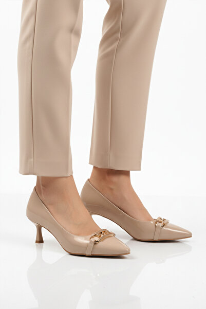Aspor Beige Patent Leather Women's Heeled Shoes
