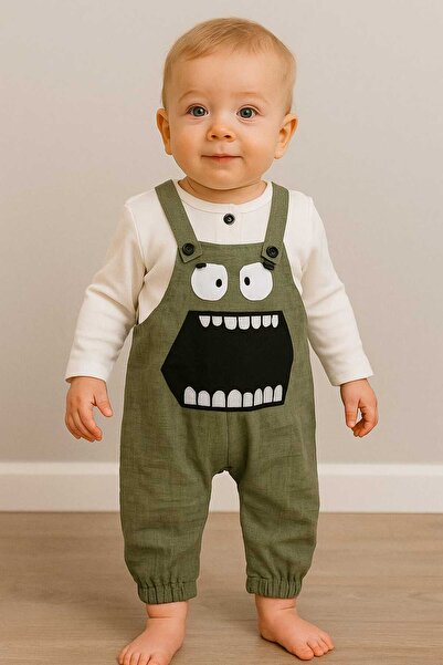 krm kerem bebe Baby Boy Long Sleeve T-Shirt and Patterned Salopet Set