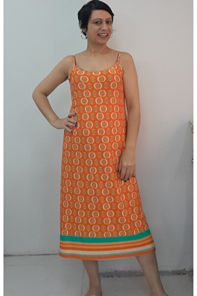 Mertcan Butik Orange Green Patterned Rope Strap Combed Viscose T-Shirt