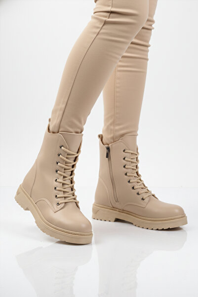 Aspor Beige Fur Laced Zippered Women's Heeled Boots