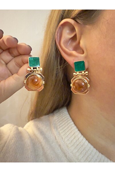 Snartun Stone Gold Geometric Earrings – Vintage Elegance and Natural Nobility