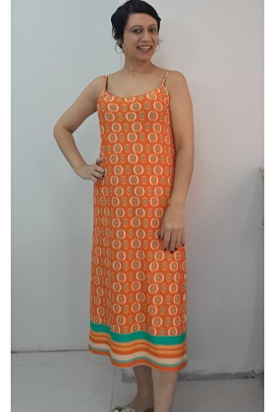 Mertcan Butik Orange Green Patterned Rope Strap Combed Viscose T-Shirt