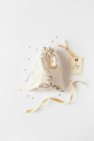 OLİ Art Küyük Boy Beyaz Altın Varaklı Kumaş Hediye Kesesi - 5 ADET - 13x18 cm...