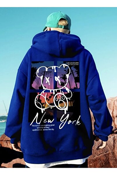 LUSHN سويت شيرت بقلنسوة بطبعة تيدي بير نيويورك كبير الحجم مكون من 3 خيوط