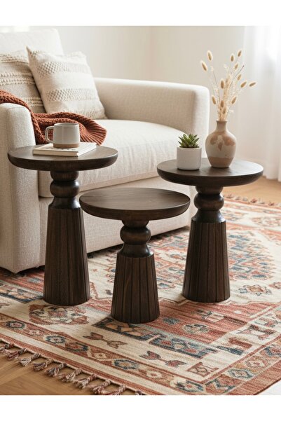 ASELYA HOME Doğal Ahşap 3’lü Set Mantar Yan Sehpa Modern Ceviz Renk Fiskos Zi...