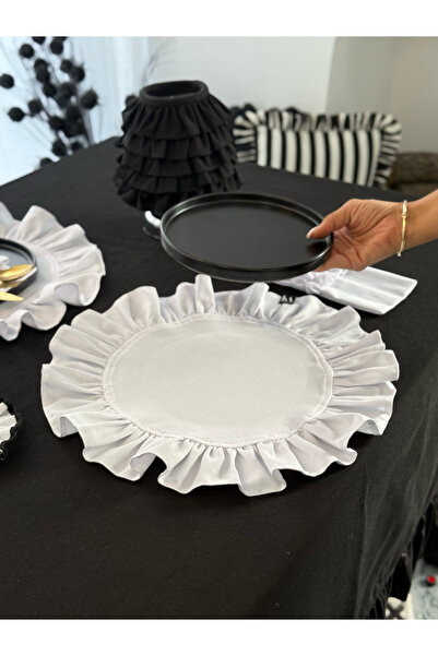 KaiAtelier Set de 4 servicii americane rotunde din in alb, cu volane, din lenjerie de pat albă
