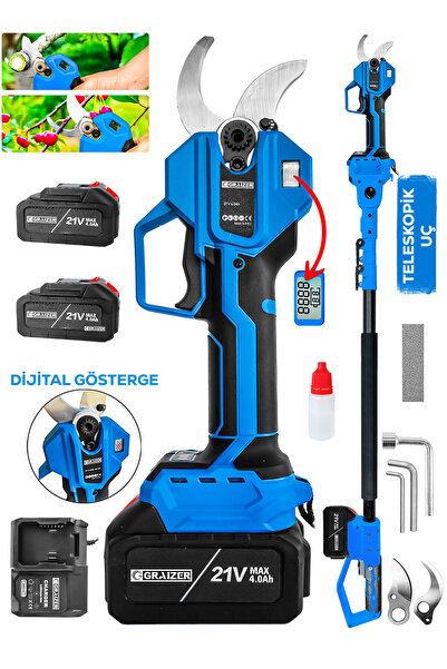 Graizer M-50 Mm Dijital Kömürsüz Akülü Bağ Dal Ağaç Kesme Biçme Budama Şarjlı Makası Makinesi + Teleskop