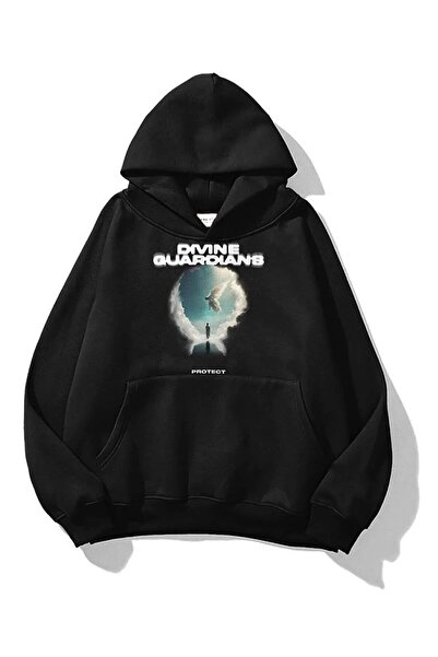 LUSHN Unisex Black Divine Guardians Printed 3 thread Hooded Sweatshirt