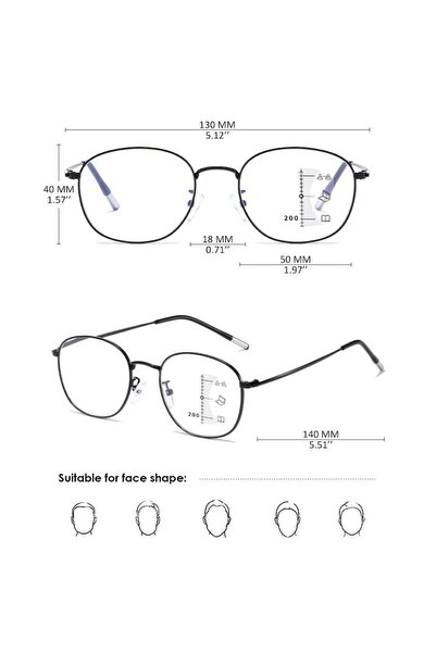 Nicoone KOOSUFA Progressive Multifocal Glasses, Anti-Blue Light, Metal Frame, Unisex, Black, +1.0 to +2.5