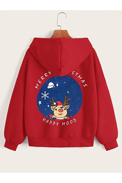 LUSHN Merry Christmas Printed Red Zipper Hooded Jacket