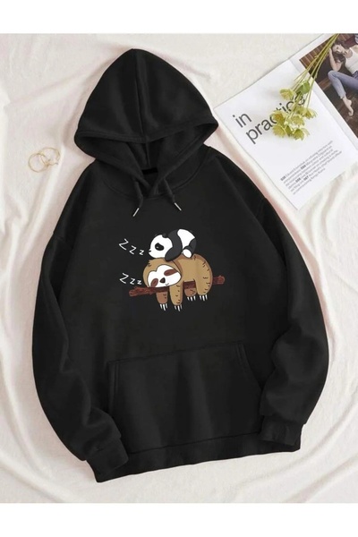 LUSHN سويت شيرت بغطاء للرأس كبير الحجم مطبوع عليه باندا كوالا