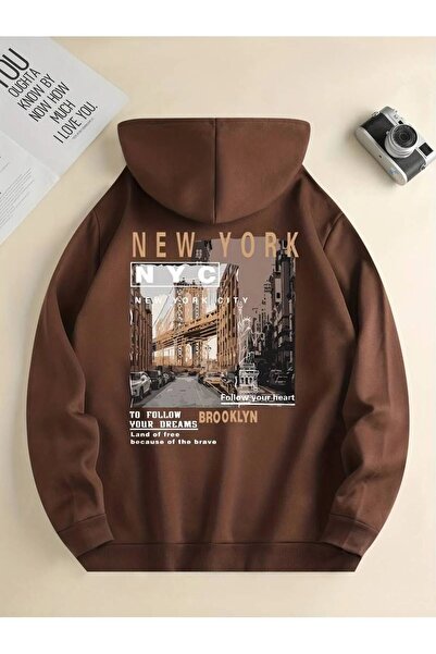 LUSHN Unisex New York Printed Oversize Winter 3 Thread 100% Cotton Hooded Swe...