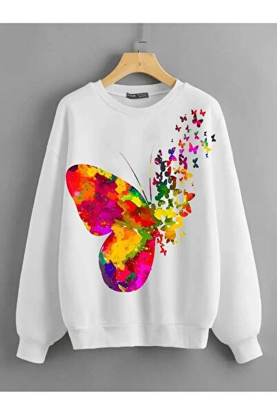 LUSHN Colorful Piece Butterfly Printed Oversize Crew Neck Sweatshirt