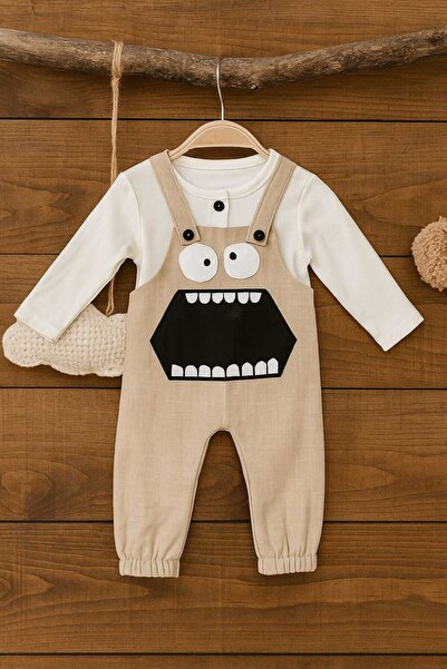 krm kerem bebe Baby Boy Long Sleeve T-Shirt and Patterned Salopet Set