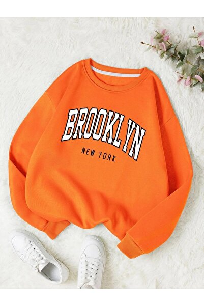 LUSHN سويت شيرت "مقاس b" ذو 3 خيوط مطبوع عليه بروكلين مقاس كبير بياقة دائرية