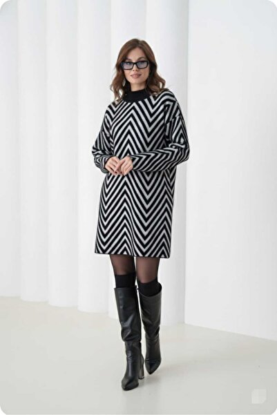 aytenli Mock Neck S XL Compatible Standard Size up to and Including Zigzag Patterned Bearded Long Wool Knitwear Sweater Dress