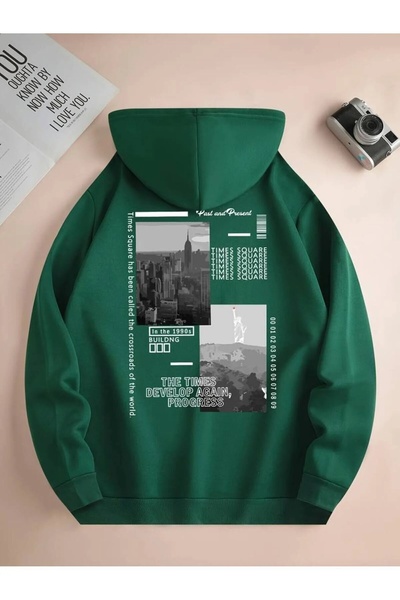 LUSHN Hanorac cu glugă unisex, cu imprimeu City And Mountain, supradimensiona...