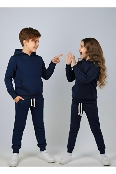 Arya Nisa Kids Unisex 100% Cotton Hooded Dark Blue Bottom Top Sports Double Tracksuit Set