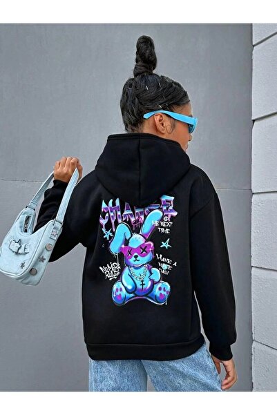 LUSHN سويت شيرت بقلنسوة شتوي كبير الحجم مطبوع عليه دمية دب للأطفال