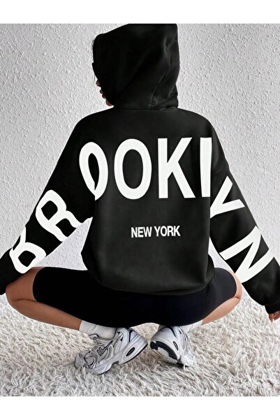 LUSHN سويت شيرت بقلنسوة بطبعة بروكلين مقاس كبير للجنسين