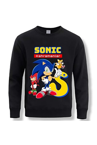 LUSHN سويت شيرت بياقة دائرية مطبوع عليه سونيك للأطفال الأولاد باللون الأسود