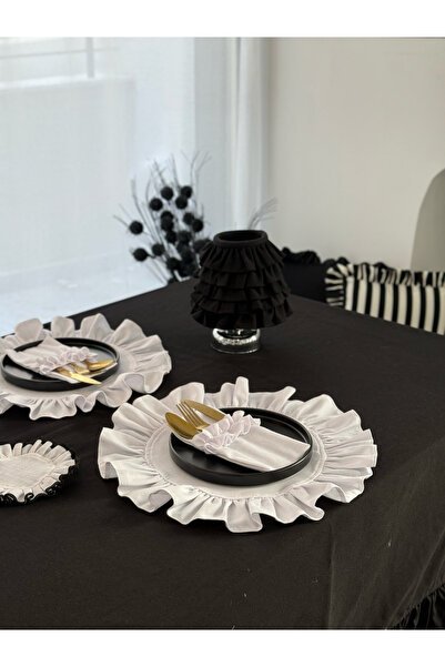 KaiAtelier Set de 2 servicii americane rotunde din lenjerie de pat albă cu volane, din lenjerie de pat maro maro