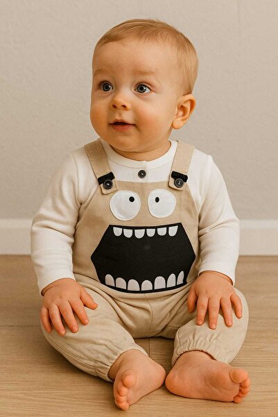 krm kerem bebe Baby Boy Long Sleeve T-Shirt and Patterned Salopet Set