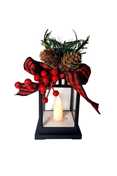 OEM Decorative lantern with LED candles and Christmas ornaments, real flame effect, black, 16 cm