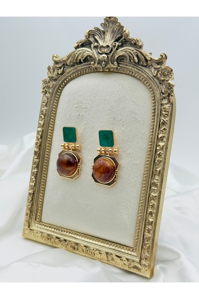 Snartun Stone Gold Geometric Earrings – Vintage Elegance and Natural Nobility