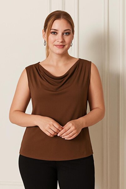 Seamoda Degaje Yaka Sandy Plus Size Women's Basic Blouse 4 Seasons Comfortable Use Stylish Undershirt-Brown