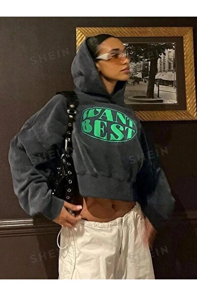 LUSHN Unisex Want Best Printed Hooded Oversize Winter Crop Sweatshirt Hoodie