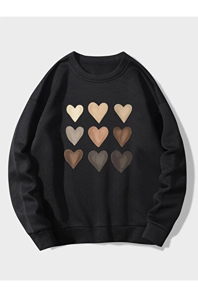 LUSHN سويت شيرت أسود كبير الحجم مطبوع عليه قلب متعدد
