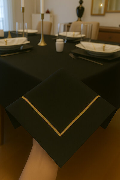 Meral Kurşun Collection غطاء طاولة من نوع Piko Sarma ذهبي اللون، مزين بتفاصيل ذهبية، بدون حواف، أسود اللون