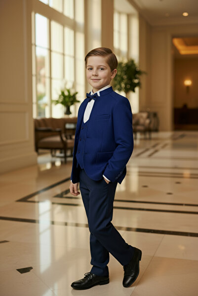 Merdia Kids Boy's Suit (Judge Collar Jacket, Vest, Bow Tie, White Shirt and Navy Blue Pants)