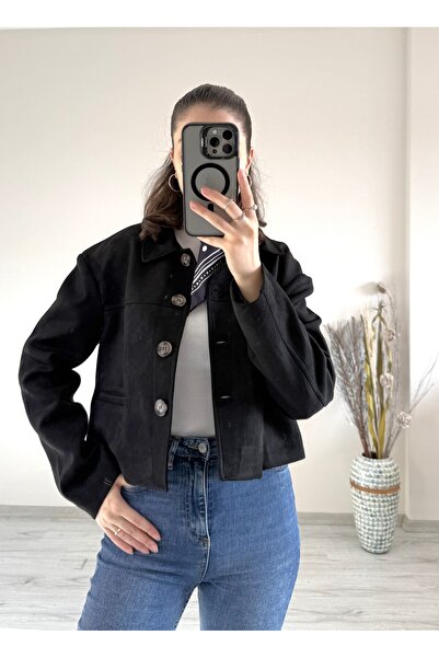 Aspendia سترة نسائية قصيرة مبطنة من جلد النوبوك