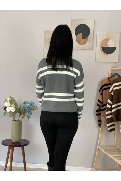 YusGos Women's Polo V-Neck Bearded Knitwear Crop Sweater