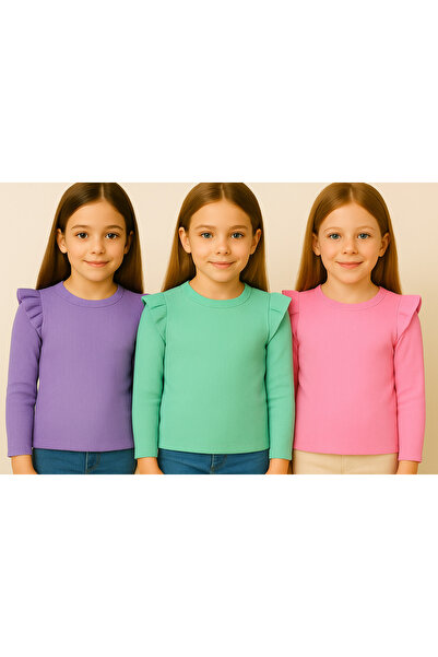 özge başaran Girl's 3-Piece Long Sleeve Ribbed Bodysuit Set - Mint, Pink, Purple - Soft with Ruffle Detail