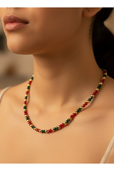 Gistoria Kırmızı ve yeşil kristal boncuk kolye