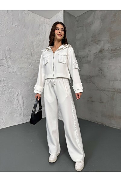 Elif Özbey Butik White Pocket Parachute Detailed Scuba Double Suit