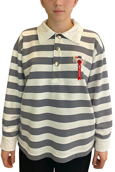 Qualia Butik Women's Polo Neck Striped Sweatshirt with Accessory Detail