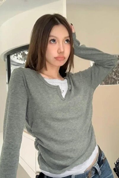 Köstebek V-Neck Plain Anthracite Blouse with Insert