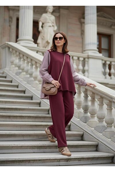 Aselim Hijap Moda Merina Double Suit – Burgundy with Striped Shirt Detail