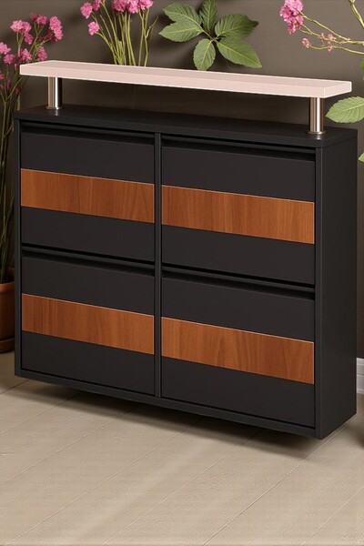 Moemi Tablalı (2+ 2) 4'lü Metal Ayakkabılık-ANTRASİT-CEVİZ Ahşap Kaplamalı