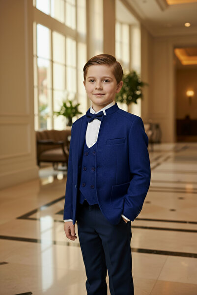 Merdia Kids Boy's Suit (Judge Collar Jacket, Vest, Bow Tie, White Shirt and Navy Blue Pants)