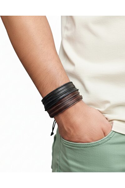 E&F Takı 2'li Klasik Tasarım Deri Bileklik Çok Katmanlı Siyah Kahverengi Gerç...