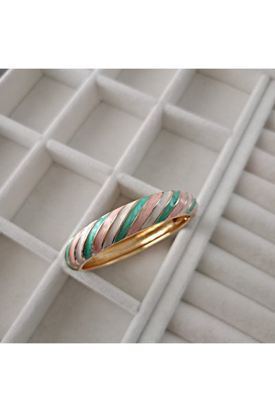LENTE AKSESUAR Gold Plated Enamel Cuff/Rose Mint Colored Spiral Patterned Vintage Women's Bracelet