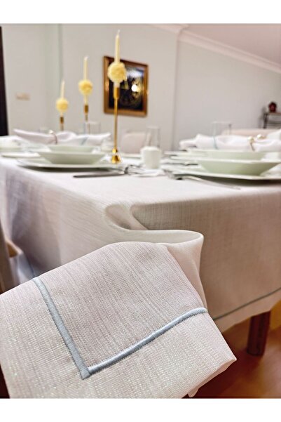 Meral Kurşun Collection مفرش طاولة بيكيه سمارا مزخرف باللون الأزرق بدون خياطة باللون الأبيض اللامع